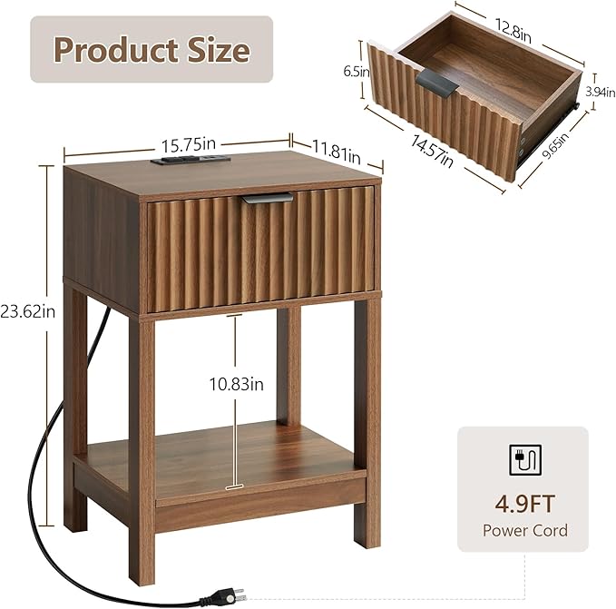 Night Stand Set 2, Fluted Nightstand with Charging Station, Wood Bedside Table with Drawer & Storage Shelf, Modern End Tables for Bedroom Sofa Couch Office, Walnut