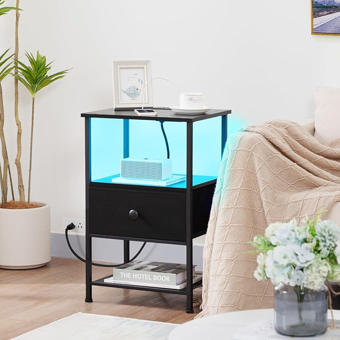 Night Stand Set 2, LED Nightstand with Charging Station, End Tables Living Room with Fabric Drawer, Small Side Tables for Bedroom, Small Space, Black, HETS01BK