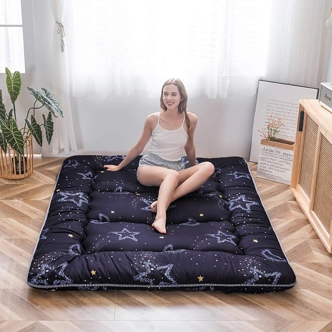MAXYOYO Japanese Futon Mattress Floor Mattress Sleeping Pad Foldable Bed Roll Up Camping Cushion Floor Lounger Bed Couches and Sofas Couch Topper, Moon and Star, Twin Size