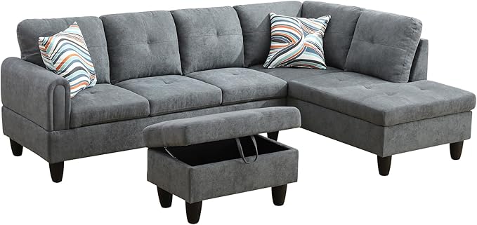 97" Oversized Sectional Couch, L Shaped Couch with Storage Ottoman, Modern Modular Sofa with Deep Seat, Sectional Couches for Living Room and Office, Dark Grey (Fluffy Fabric)