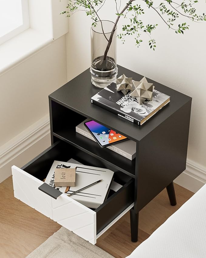 Nightstand,Bedside Table with Gold Frame, Black Night Stand, Modern Bedside Furniture,End Table with Drawer and Shelf for Bedroom,Living Room