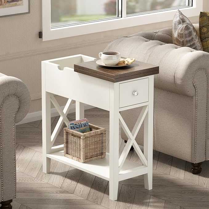 ChooChoo Farmhouse End Table with Drawer, Accent Small Side Table Nightstand for Living Room, Bedroom, and Small Spaces - Soft White