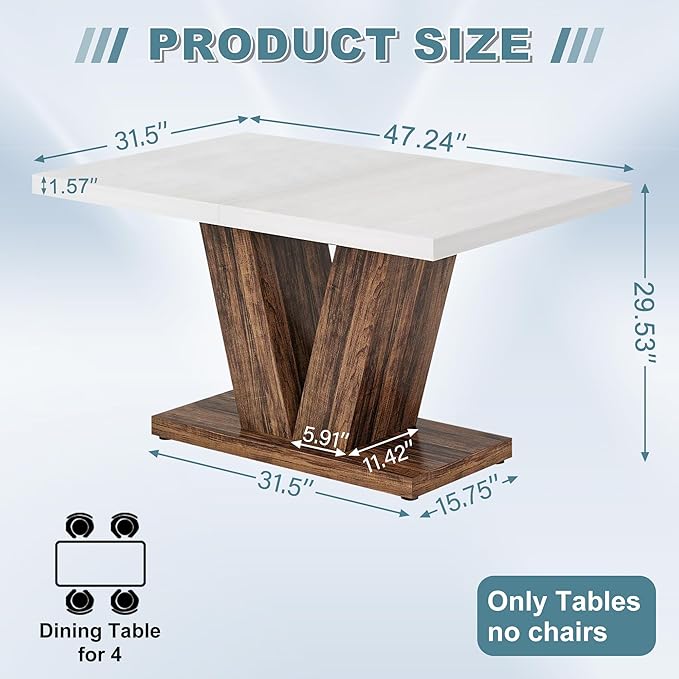 Dining Table for 4-6, 47" Farmhouse Dinner Table with with Wooden Tabletop and Heavy Duty Pedestal Wooden Rectangular Kitchen Tables for Dining Room, Kitchen, Living Room, White & Brown