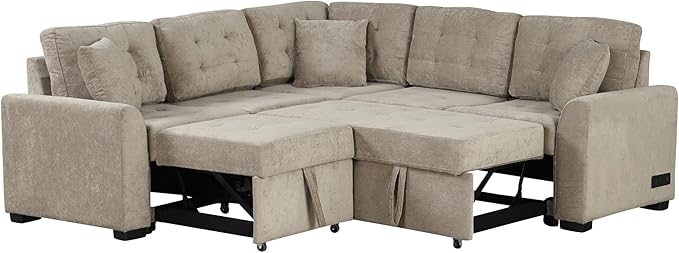 82" Convertible Sleeper Sofa with Pull-Out Bed,L-Shape Chaise Couch W/USB Ports & Power Sockets,Space Saving,Easy Assembly,Modern Corner Reversible Furniture Set for Living Room,Khaki Velvet