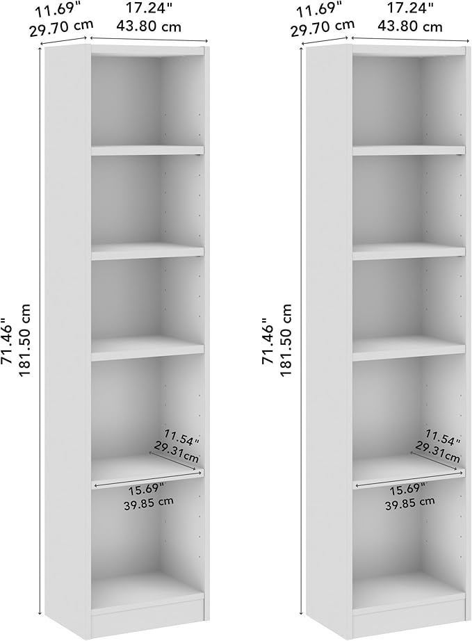 Bush Furniture Universal 17W Narrow 5 Shelf Bookcase in White - Set of 2, Matching Skinny Bookshelves for Home Office or Living Room Storage