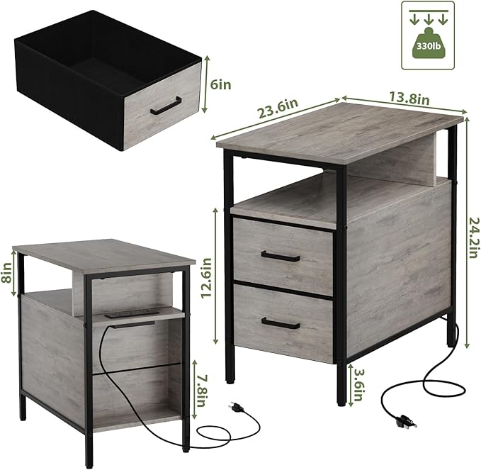 End Table with Charging Station, Narrow Side Table with 2 Fabric Drawer & Storage Shelf, USB Ports & Power Outlets, Narrow Nightstand for Bedroom Living Room Small Spaces, Greige