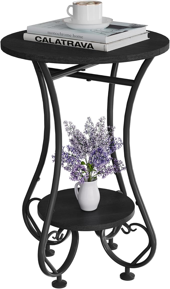 Side Table,Small Round End Table for Small Spaces - Round Bedside Nightstand Table with Metal Frame,Couch Sofa Coffee Table,Retro Accent Table for Living Room Bedroom Balcony,Black,Upgraded Version
