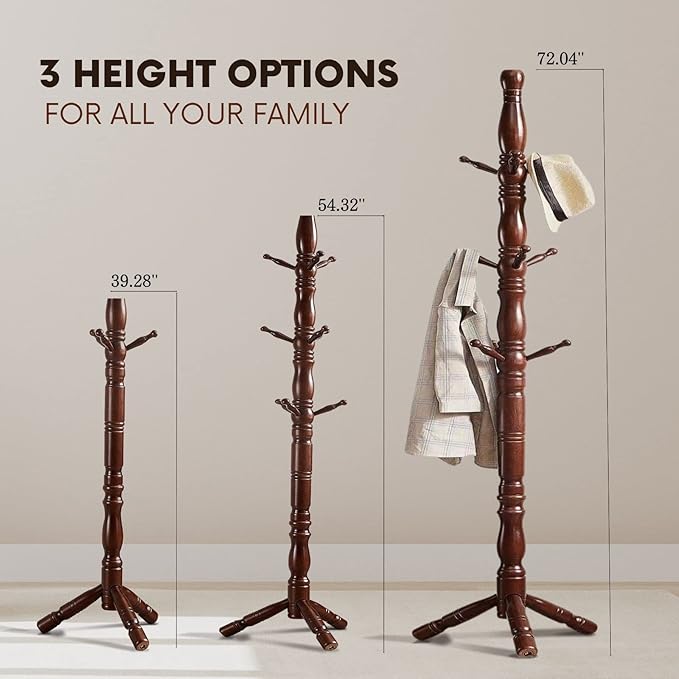 Coat Rack, Natural Wood Coat Racks with 3 Height Options and 9 Hooks,Coat Tree Ease of Assembly,Freestanding Hall Tree for Home/Office/Entryway/Hallway (Walnut)