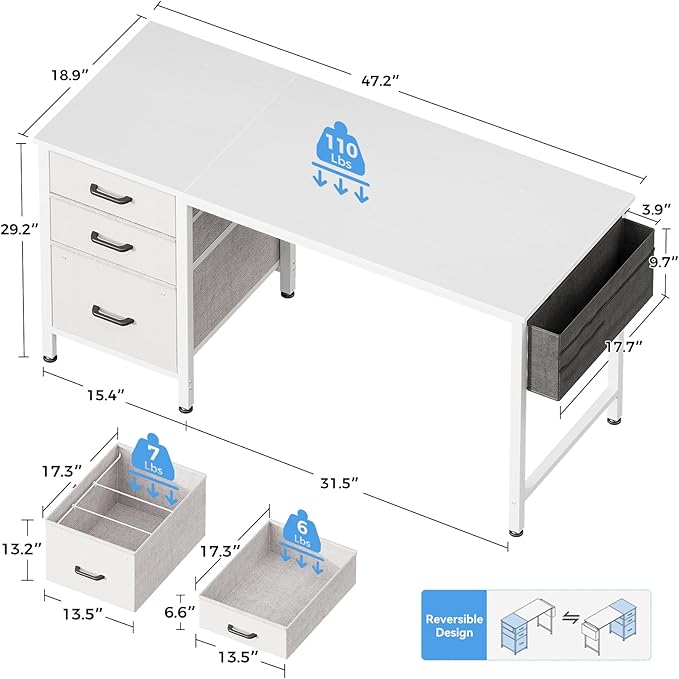 Casaottima 48" Small Computer Home Office Desk for Bedroom with Fabric Drawers & File Cabinet, Cloth Storage Bag and Hook, Writing Study Work Table for Small Space, White