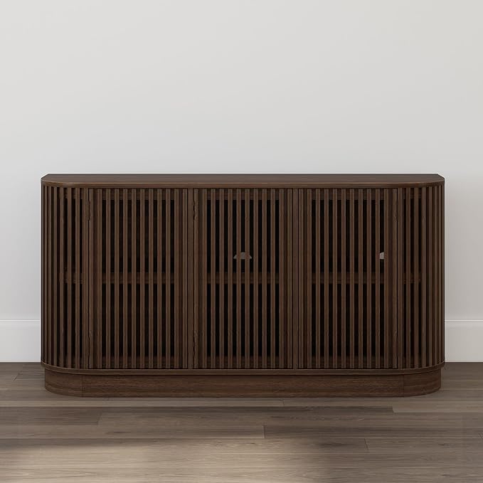 Plank+Beam Contour Wood TV Stand, Three Door Solid Wood Entertainment Console with Storage, 59" L x 16" W x 30" H, Walnut