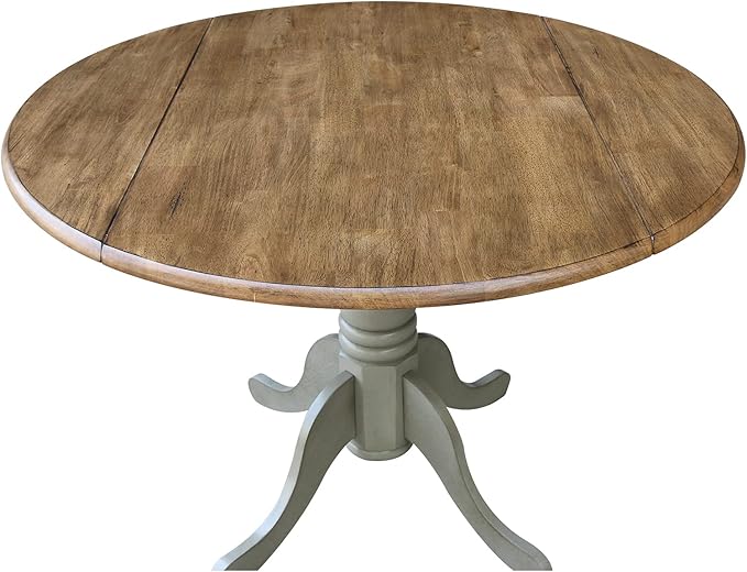 IC International Concepts, 42" Round Dual Drop Leaf Pedestal Dining Table, Solid Real Wood, Sturdy Parawood, Distressed Hickory/Stone