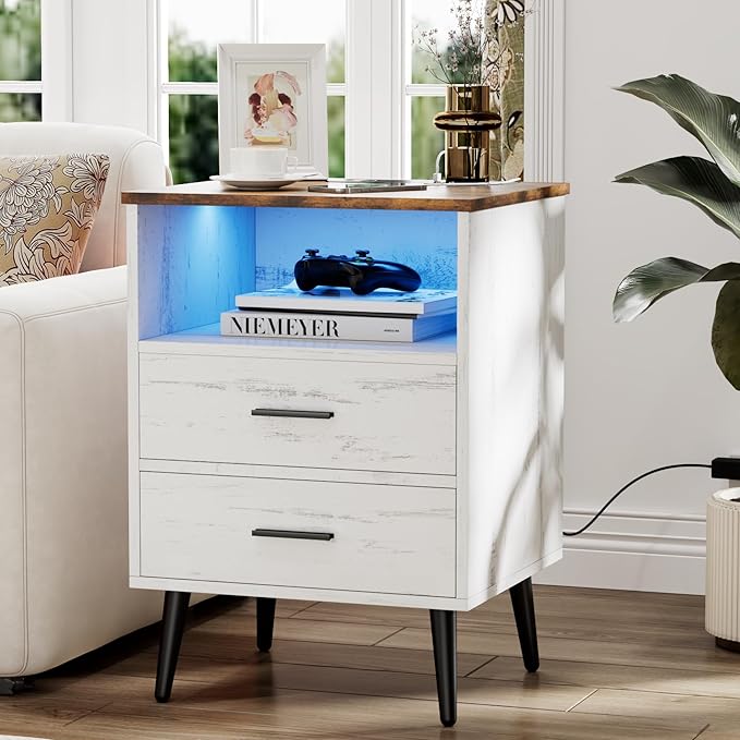 Farmhouse Nightstand with Charging Station and LED Lights, 25.6" H x 17.7" W x 15.7" D Wooden End Table with 2 Drawers, Smart Bedside Table for Dorm, Apartment, Small Space, Antique White