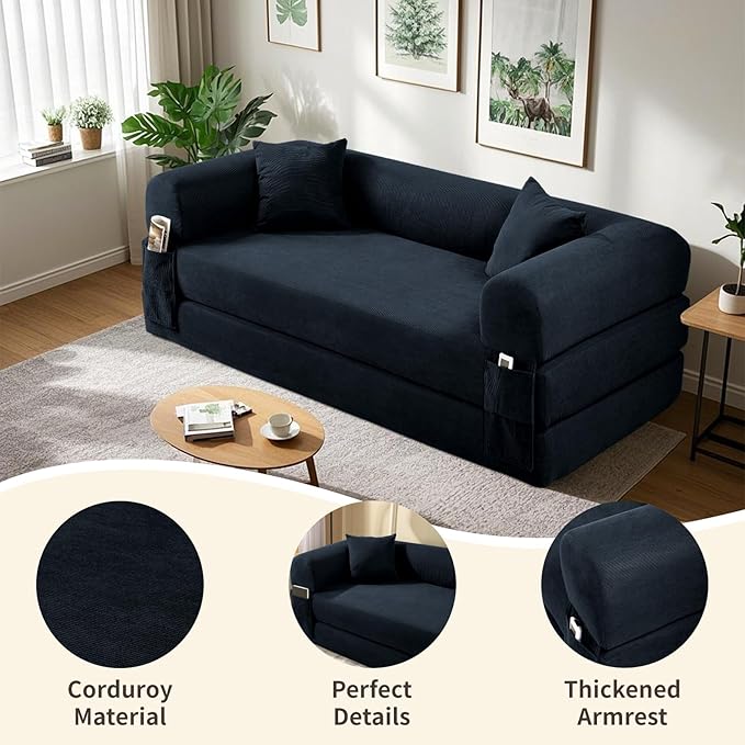 80" Convertible Sofa Bed, 3-in-1 Corduroy Folding Pull Out Couch with Pillows, No Assembly Modern Boneless Couch Compression Sofa in Box, Floor Sofa with Side Storage Pocket for Living Room,Navy Blue