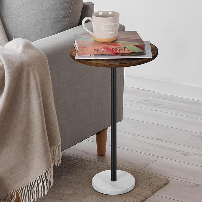 smusei Small Side Table for Small Spaces Round Bar Table with Marble Base Round End Table Drink Table Pedestal for Sofa Couch Chair Patio, Brown