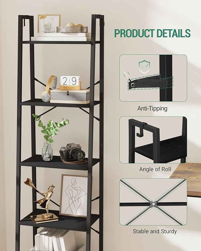 Ladder Shelf, Bookshelf Bookcase, Freestanding Corner Storage Shelve with 2 Hooks for Home Office, Living Room, Kitchen, Bedroom, Industrial, 5-Tier Black BC19204B