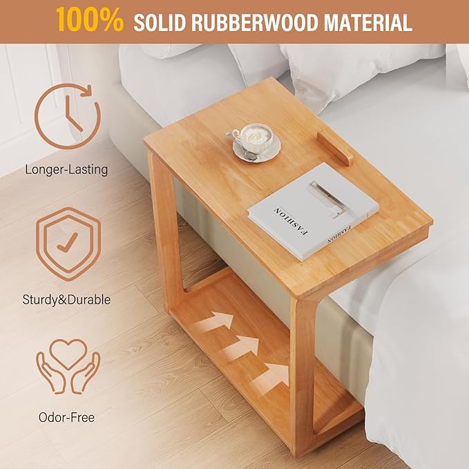 CozyDH Adjustable C Shaped End Table, Rolling Side Table Solid Wood TV Sofa Tray Table for Couch Arm Eating Multi-Purpose, Small Coffee Table with Wheels Living Room Bedroom, Cherry