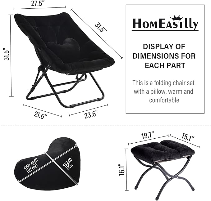 Comfy Saucer Chair with Ottoman, Oversized Folding Faux Fur Chair Soft Furry Lounge Lazy Chair with Metal Frame Moon Chair Accent Chair for Bedroom, Living Room, Dorm Rooms, Black