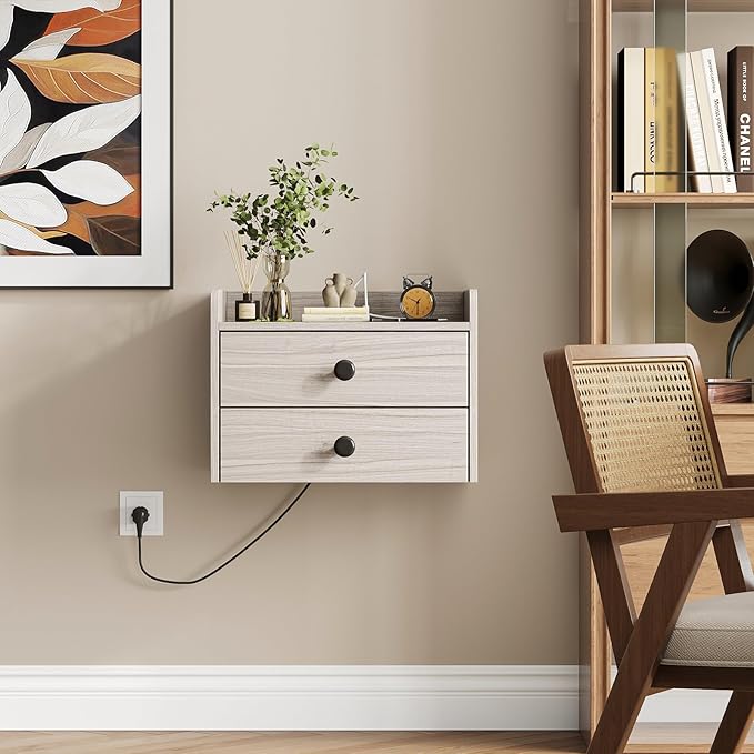 Floating Nightstand Set of 2 with 2 Storage Drawers and Charging Station Wood Wall Mounted Bedside End Table Modern Night Stands Set 2 for Bedroom,Small Space,Grey Black