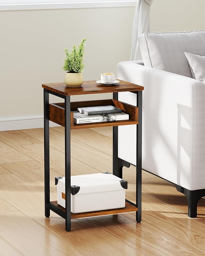 Side Table, 25 inch High End Table, Small Bedside Table for Living Room, Bedroom and Office, Rustic Brown & Black