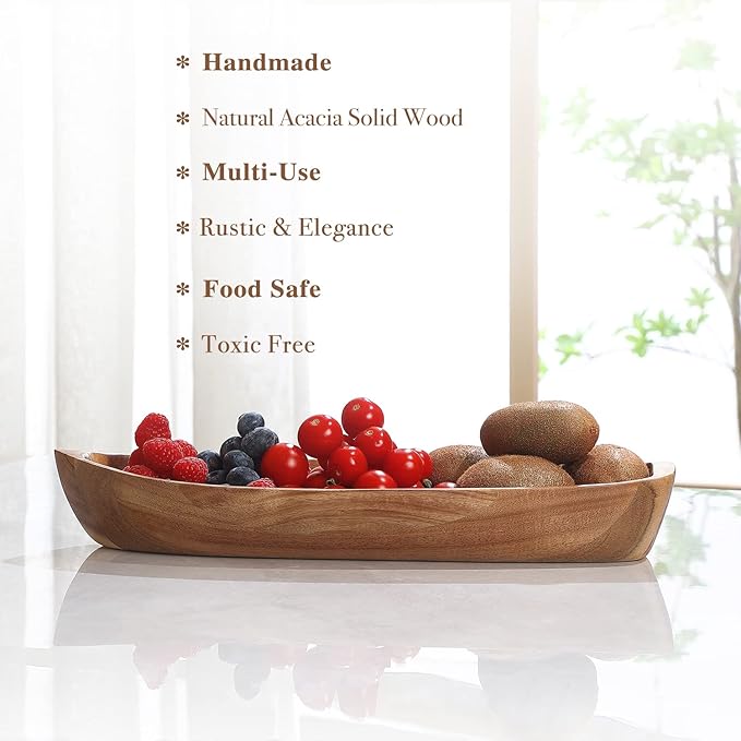 Lucky Boat Serving Tray, Acacia Solid Wood Boat Shape Plate for Serving Desserts, Fruit, Snack and Seafood or House Ornament,Key Tray,Functional and Storage Decorative Bowl。 (L)