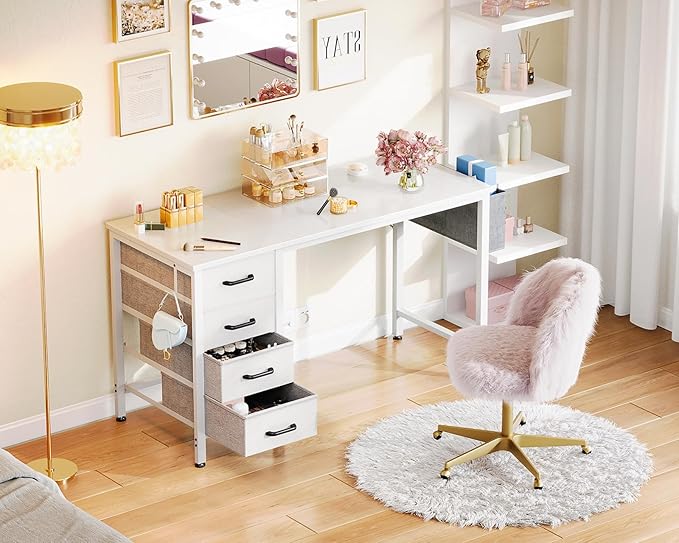 Casaottima 40-Inch Small Computer Desk with 4 Fabric Drawers — Home Office Desks with Storage, Writing Desk with Side Hook and Cloth Bag, Modern Study/Work Table for Bedroom and Small Space, White