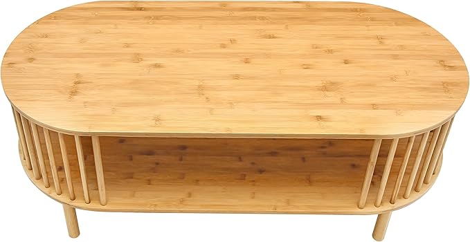 VaeFae Oval Coffee Table, Bamboo Coffee Table for Living Room, 2-Tier Wooden Farmhouse Center Table with Storage Shelf