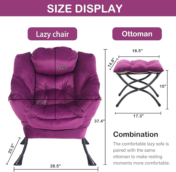LITA Lazy Chair with Ottoman, Modern Accent Leisure Upholstered Sofa Chair, Contemporary Lounge Reading Chair with Armrests and a Side Pocket for Living Room, Bedroom & Small Space