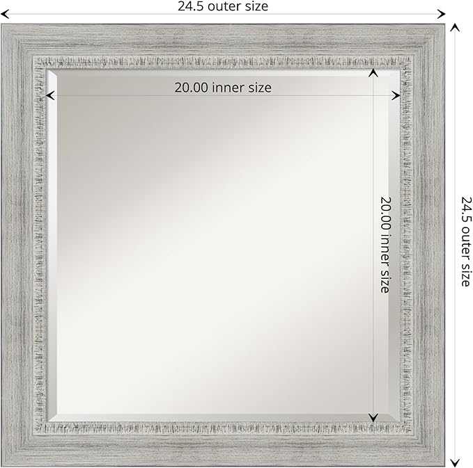 Amanti Art White Bathroom Mirror for Over Sink, 25x25 Rustic White Wash Square Vanity Mirror, Medium Rustic Farmhouse Wood Frame, Hangs Horizonally and Vertically, Bathroom Wall Decor, Beveled Edge