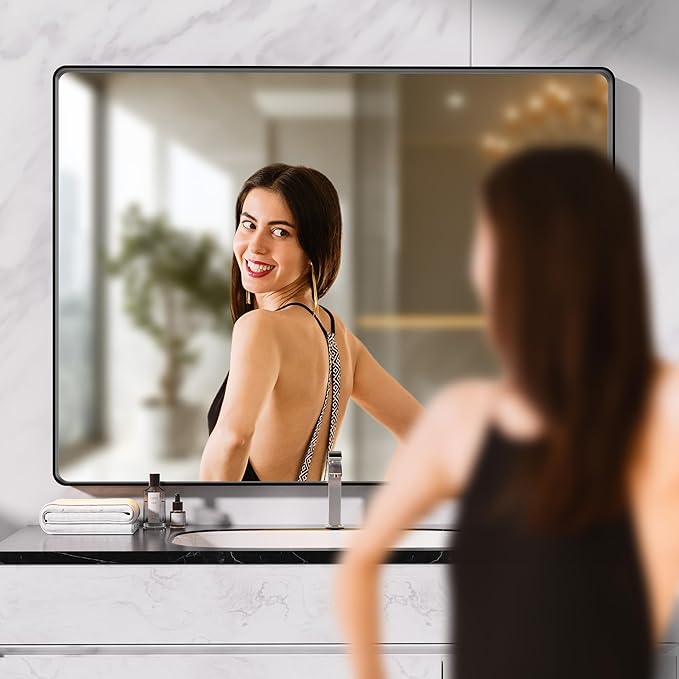 Hasipu Black Bathroom Mirror for Wall, 55 x 36 Inch Metal Framed Bathroom Mirrors for Over Sink, Rectangle Bathroom Vanity Mirror, Anti-Rust, Tempered Glass, Horizontal or Vertical