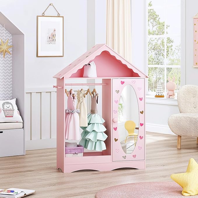 UTEX Kids Dress Up Storage with Mirror, Kids Wardrobe Closet, Dress Up Armoire for Little Girls, Open Hanging Costume Organizer with Storage Cabinet for Kids Room, Playroom