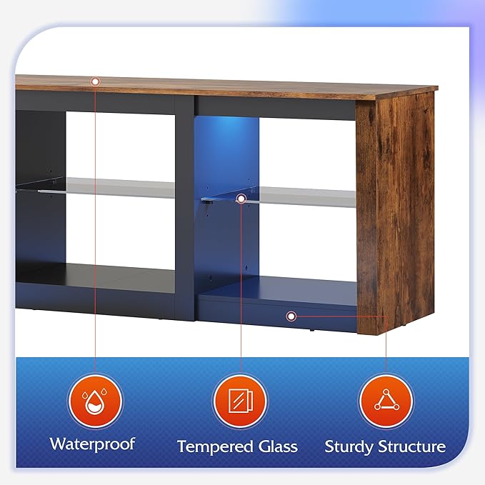 WLIVE LED TV Stand for 65 Inch TV, Modern Entertainment Center with Adjustable Glass Shelves & Customizable LED Lights, Sturdy Media Console for Living Room, Bedroom,Gaming (Brown)