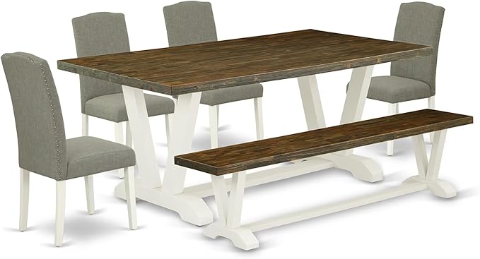 East West Furniture V077EN206-6 6 Piece Dinette Set Contains a Rectangle Dining Table with V-Legs and 4 Dark Shitake Linen Fabric Parson Chairs with a Bench, 40x72 Inch, Multi-Color