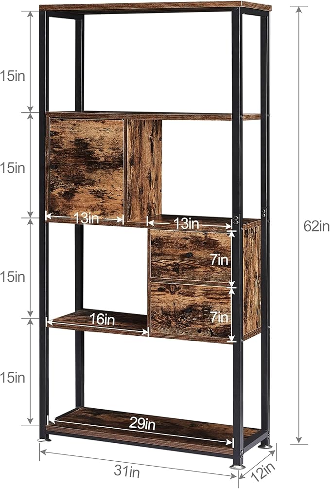VECELO 5-Tier Bookshelf,Bookcase with 2 Storage Drawers and 1 Cabinet, Wood Shelves with Metal Frame,Open Book Shelves Standing Shelf Unit for Living Room, Bedroom,Office,Kichen