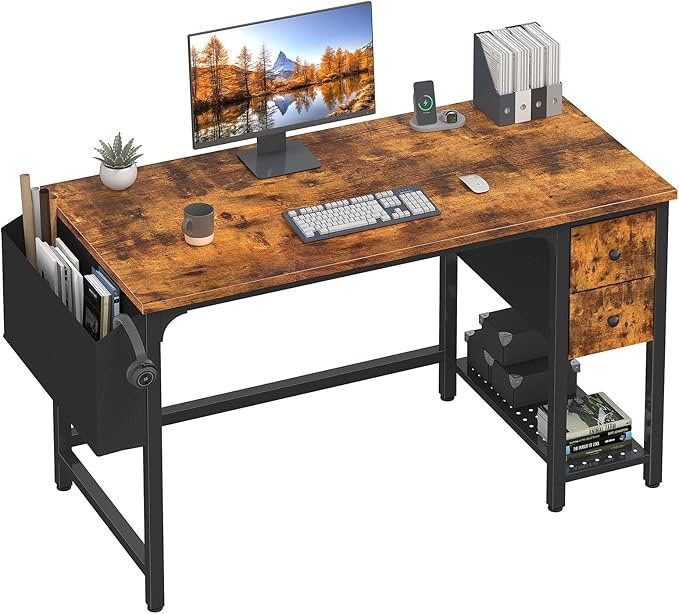 Lufeiya Computer Desk with Fabric Drawers, 47 Inch Desk for Small Space Home Office, Modern Simple Study Writing Table PC Desks for Bedroom, Rustic Brown