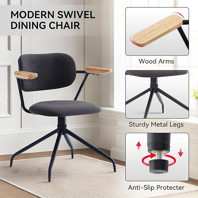 Modern Swivel Dining Chairs Set of 2 with Arms,Upholstered Comfortable Dining Room Chairs, Wooden Armrests & Sturdy Metal Frame, Stylish Kitchen & Dining Table Chairs for Modern Décor