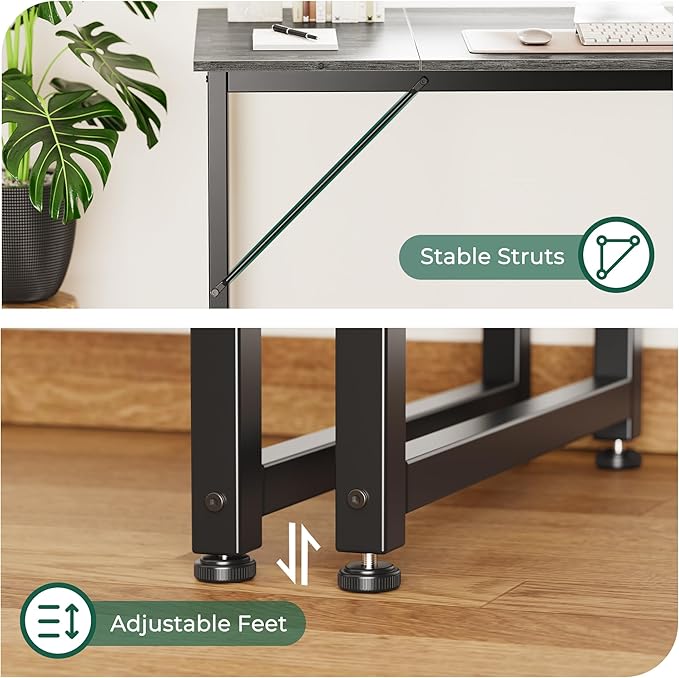 Huuger Computer Desk, 70 Inch Office Desk, Gaming Desk with Storage, Writing Desk Work Desk for Home Office, Study, Long Simple Desk, Large Legroom, Metal Frame, Grey