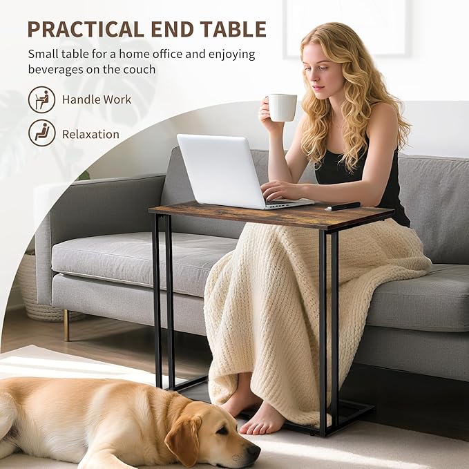 C-Shaped Side Table, Modern End Table with Metal Frame, Space Saving Design for Living Room，Large Surface Couch Table for Bedroom, and Home Office，24 x 12 x 24 inches (Brown)