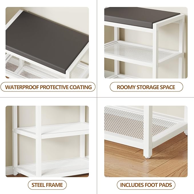 Small Shoe Bench Shoe Rack Storage Bench Entryway Bench Shoe Shelf with Seat Cushion, Stable Shoe Organizer for Entryway, Living Room, Bench Seat Holds Up to 300 lb, (18"L x 12"W x 17"H, White)