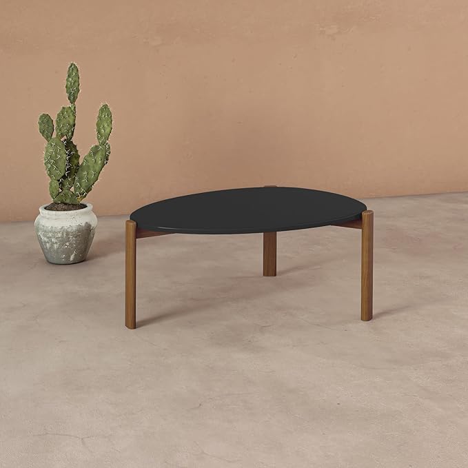 Manhattan Comfort Gales Mid Century Modern Coffee Table with Oval Triangle Shaped Top, Accent Furniture for Living Room Made from Solid Eucalyptus Wood, Matte Black