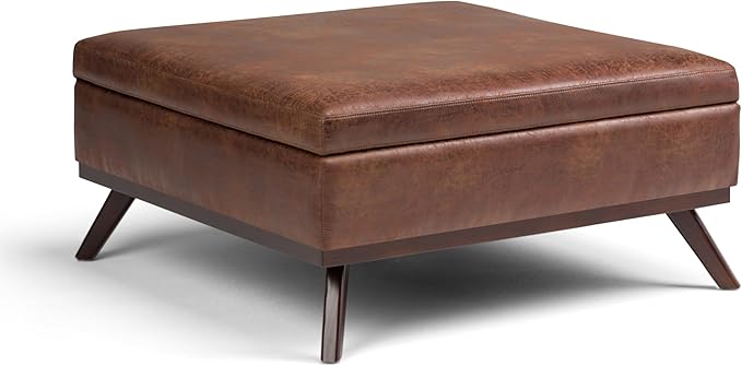 SIMPLIHOME Owen 36 inch Wide Mid Century Modern Square Coffee Table Storage Ottoman in Distressed Saddle Brown Vegan Faux Leather, Assembled, For the Living Room, Entryway and Family Room