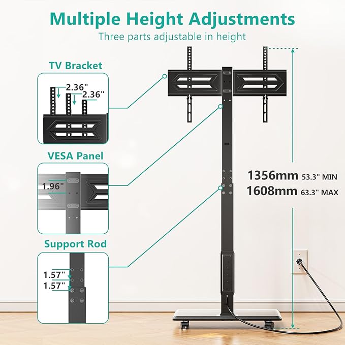 WALI Floor TV Stand with Power Outlet, Rolling Tall TV Stand Mount with Wheels for 32-75 inch TV up to 110 lbs, Swivel Height Adjustable TV Cart with Wood Base for Bedroom(TVDVD-7PR), Black