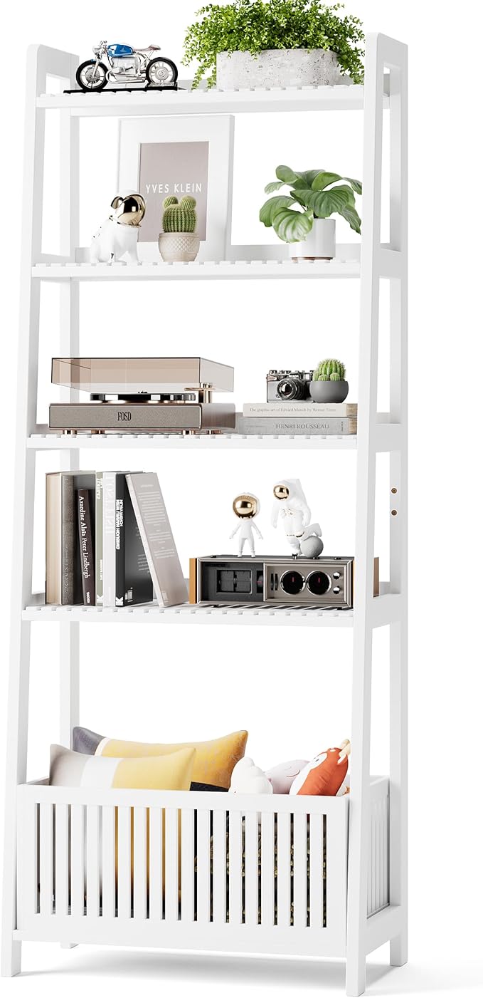 Bamjoy Bamboo White Bookshelf with Slatted Basket, Ladder Bookcase with 4 Display Shelves and 1 Open Storage Basket, Multifunctional Storage Rack Organizer for Home Office, Bedroom, Living Room, 66” H