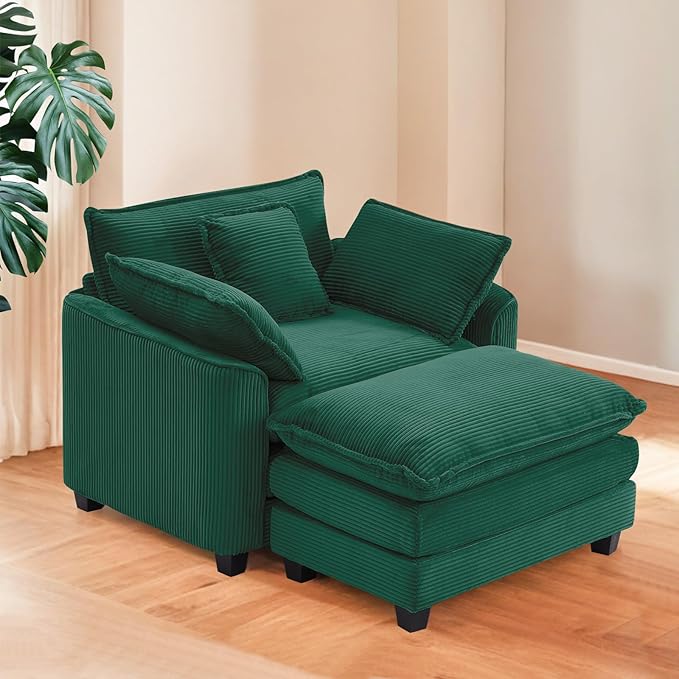 Furniliving Oversized Accent Chair with Ottoman, Luxury Corduroy Single Sofa, Upholstered Deep Seat Chaise Lounge with Pillows for Living Room, Bedroom, Apartment, Green