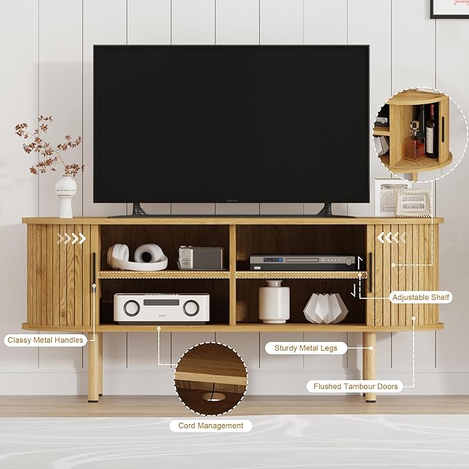 GarveeHome 47.2" TV Stand, Modern TV Console Table with Storage Compartment and Sliding Door, Gaming Entertainment Center with Cabinet for Living Room, Bedroom, Office, Oak