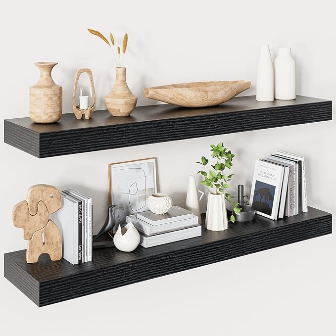 Heimlove Floating Shelves for Wall 36 Inches Long,9.3" Deep Black Floating Shelf Set of 2,Wall Mounted Shelves for Bathroom Bedroom Living Room Kitchen Office,Shelf for Books Storage,Home Decor