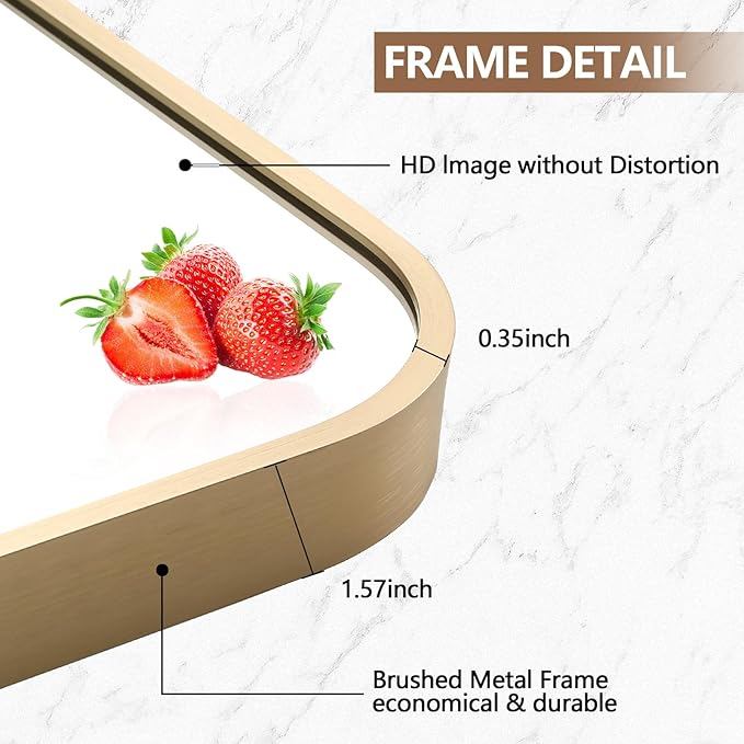 Gold Mirror, 22x30 Inch Framed Rectangle Mirror with Rounded Corner, Brushed Brass Mirror, Gold Bathroom Mirror for Over Sink, Vanity, Living Room, Bedroom, Horizontal/Vertical