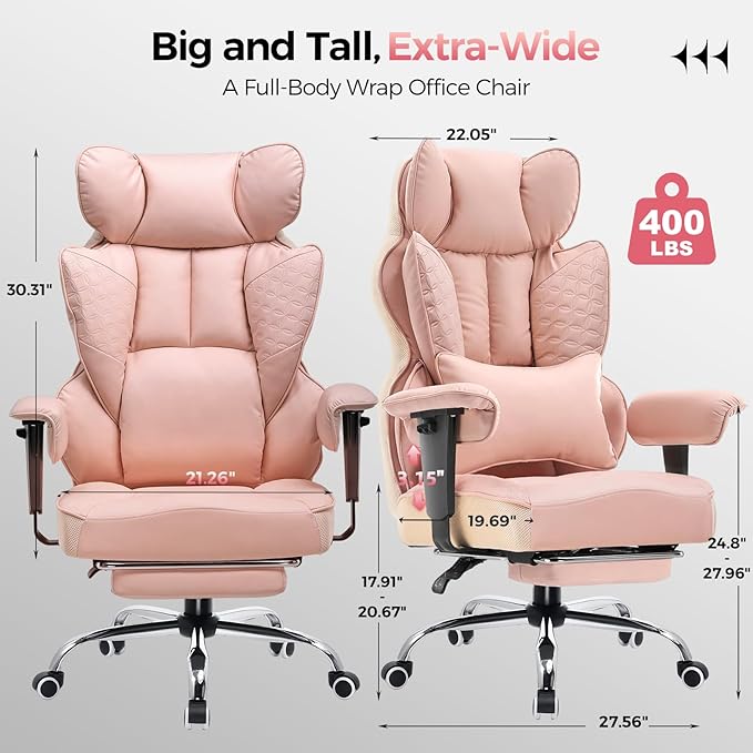 GTRACING Big and Tall Gaming Chair 400lbs Heavy Duty Office Chair with Foot Rest & Ergonomic Pocket Spring Lumbar Support, High Back 3D Saddle Shaped Cushion for Back Pain Relief, Pink