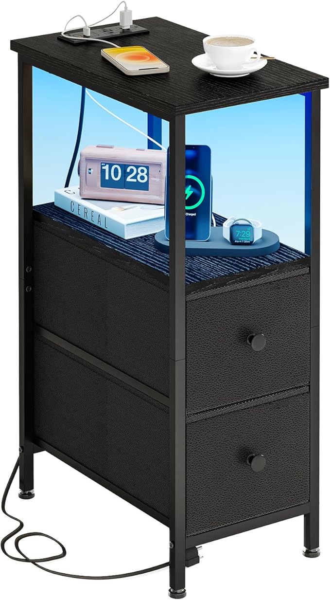 Fixwal Narrow Side Table with Charging Station and LED Light, Skinny Nightstand with 2 Fabric Drawers, Slim End Table for Bedroom, Dorm, Small Space, Black