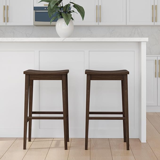 Plank+Beam Smythe Bar Stool, 30", Set of 4, Sturdy Wood Modern Kitchen Bar Height Stool, Saddle Seat Backless Bar Chair, Metal Footrest, Walnut