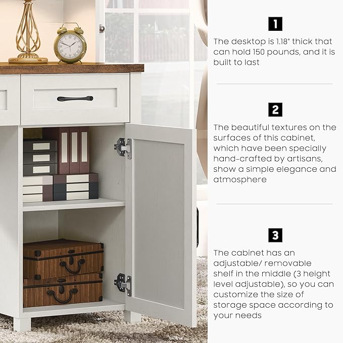 Farmhouse 47" Executive Desk, Computer Desk with 2 Drawers, LED Light and Storage Cabinet, Home Office Desk with Hutch, Charging Hub, Workstation for Home Office and Study.Unique White